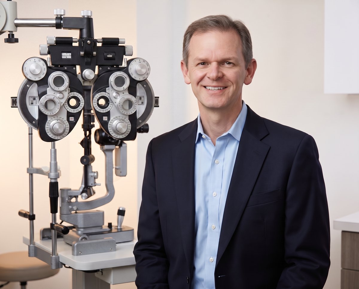 Dr. David Barley in his exam room beside a phoropter